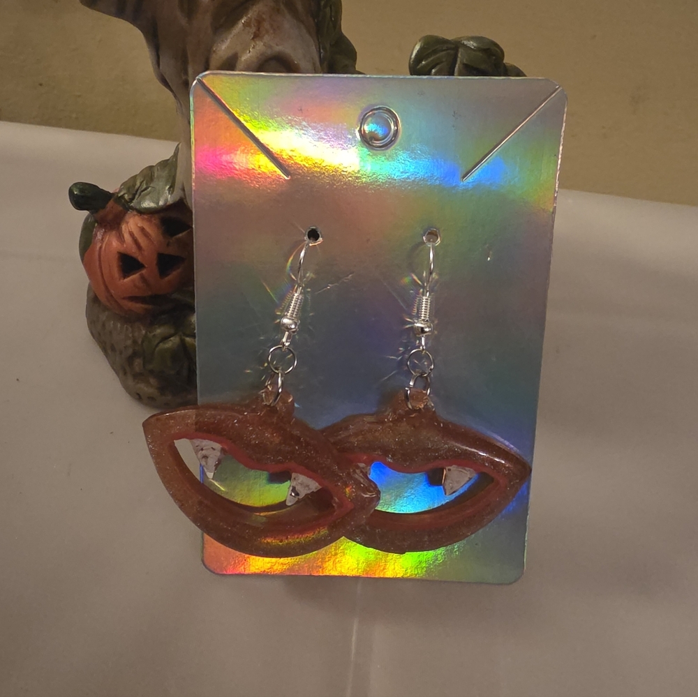 Vampire Fang Lip Earrings Glow In The Dark Reddish Orange Stainless Steel